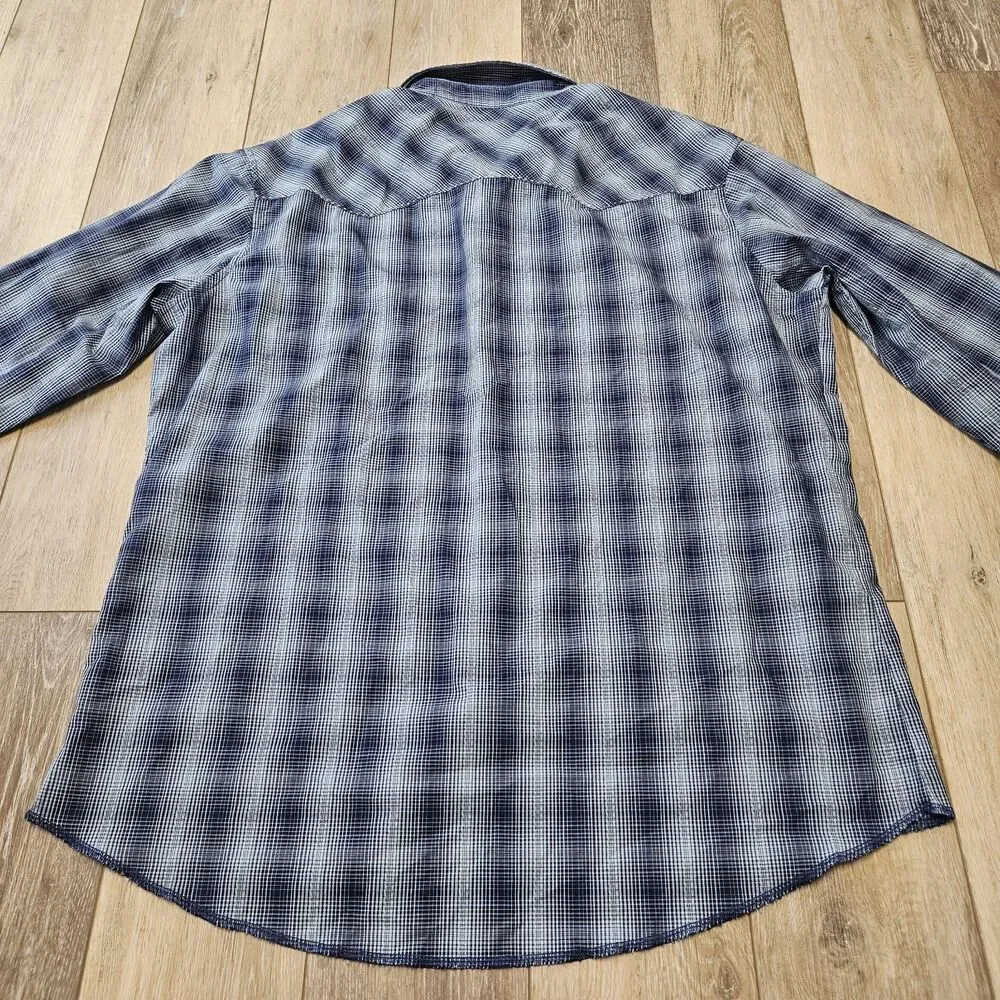 Wrangler Western Pearl Snap Blue Plaid Button Up Shirt Men's Medium Retro